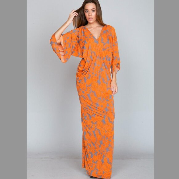 Anthropolgie S Orange Tropical Femme Print Maxi Long Wrap Flutter Kimono Dress - Picture 11 of 16